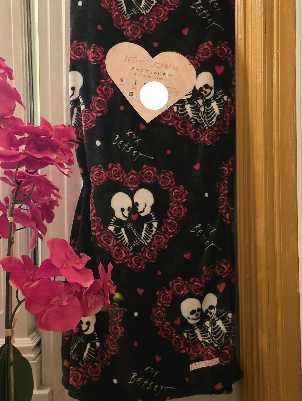 Betsey Johnson Skeleton Roses Heart Ultra Soft Plush Throw Blanket Gothic